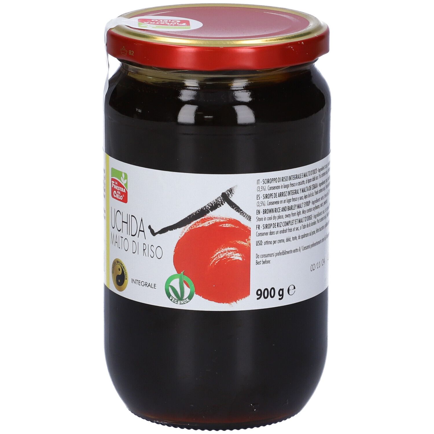 Vaso con coperchio rosso ed etichetta. Scritta: Uchida Malto di Riso, 900 g. Sigillo.