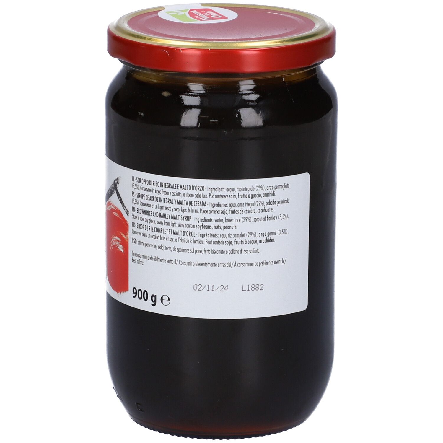 Vaso con coperchio rosso ed etichetta. Scritta: Uchida Malto di Riso, 900 g. Sigillo.