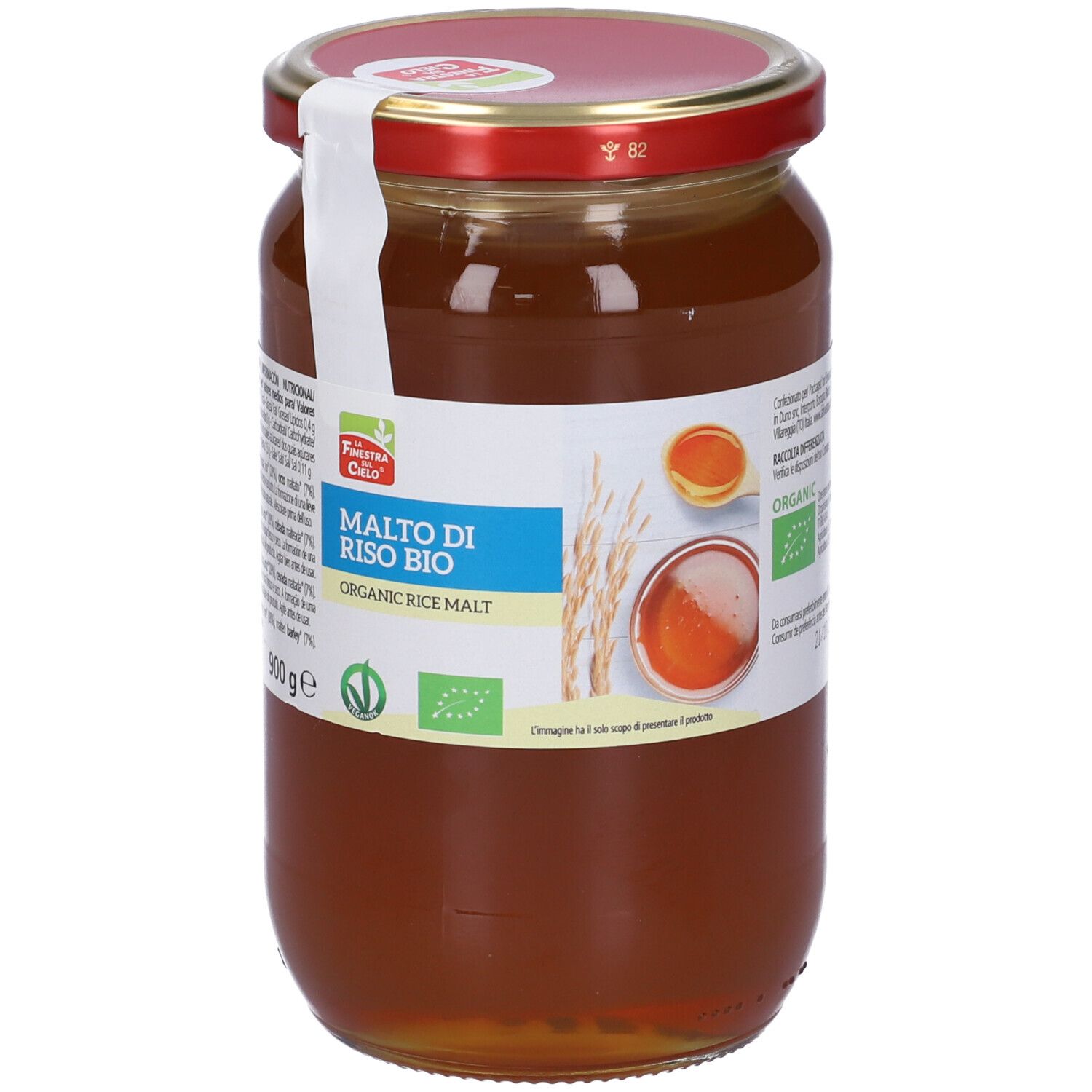 Vaso di Malto di Riso Bio. Etichetta con nome del prodotto, marchio bio e informazioni nutrizionali. Coperchio rosso, sigillo bianco.