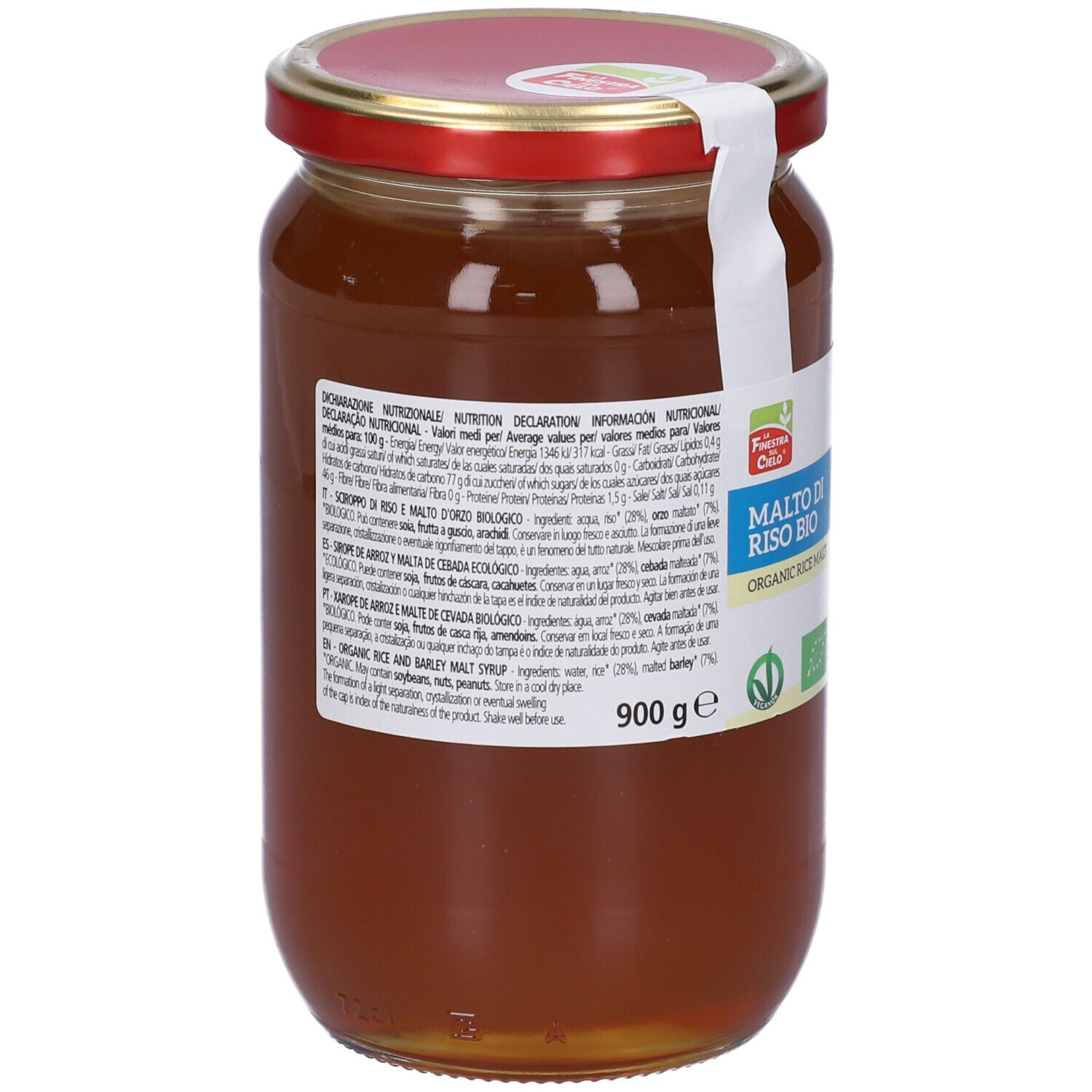 Vaso di Malto di Riso Bio. Retro con informazioni nutrizionali e ingredienti. Coperchio rosso, sigillo bianco.