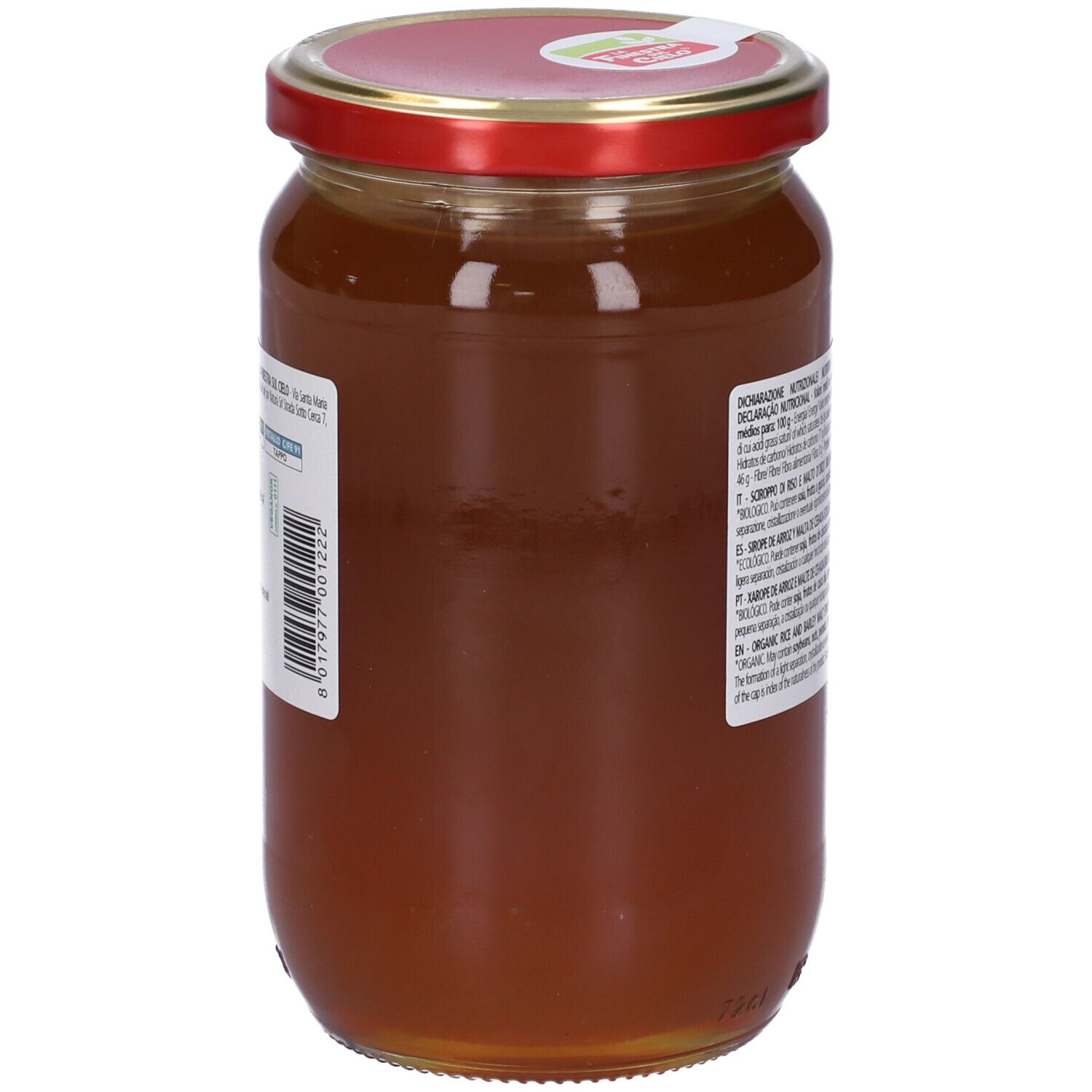 Vaso di Malto di Riso Bio. Vista laterale con etichetta e coperchio rosso. Sigillo bianco. 900g.