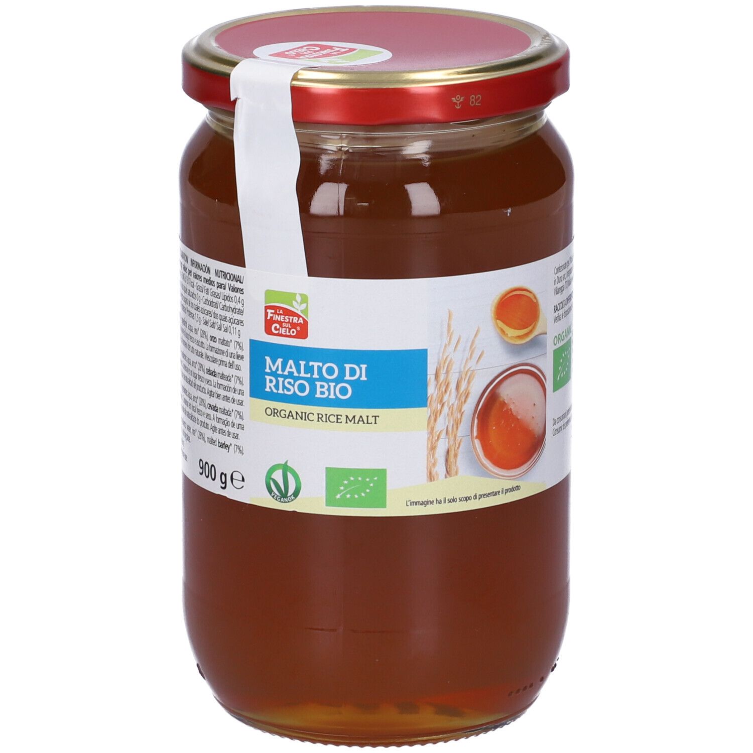 Vaso di Malto di Riso Bio. Etichetta con nome del prodotto, marchio bio e informazioni nutrizionali. Coperchio rosso, sigillo bianco.