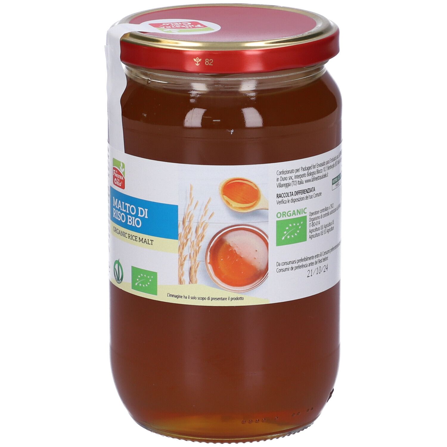 Vaso di Malto di Riso Bio. Etichetta con nome del prodotto, marchio bio e informazioni nutrizionali. Coperchio rosso, sigillo bianco.