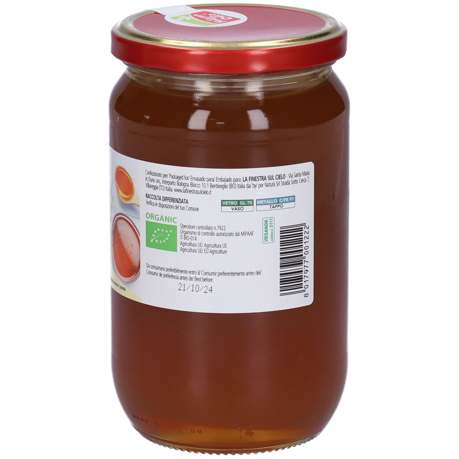 Vaso di Malto di Riso Bio. Retro con informazioni nutrizionali e ingredienti. Coperchio rosso, sigillo bianco.