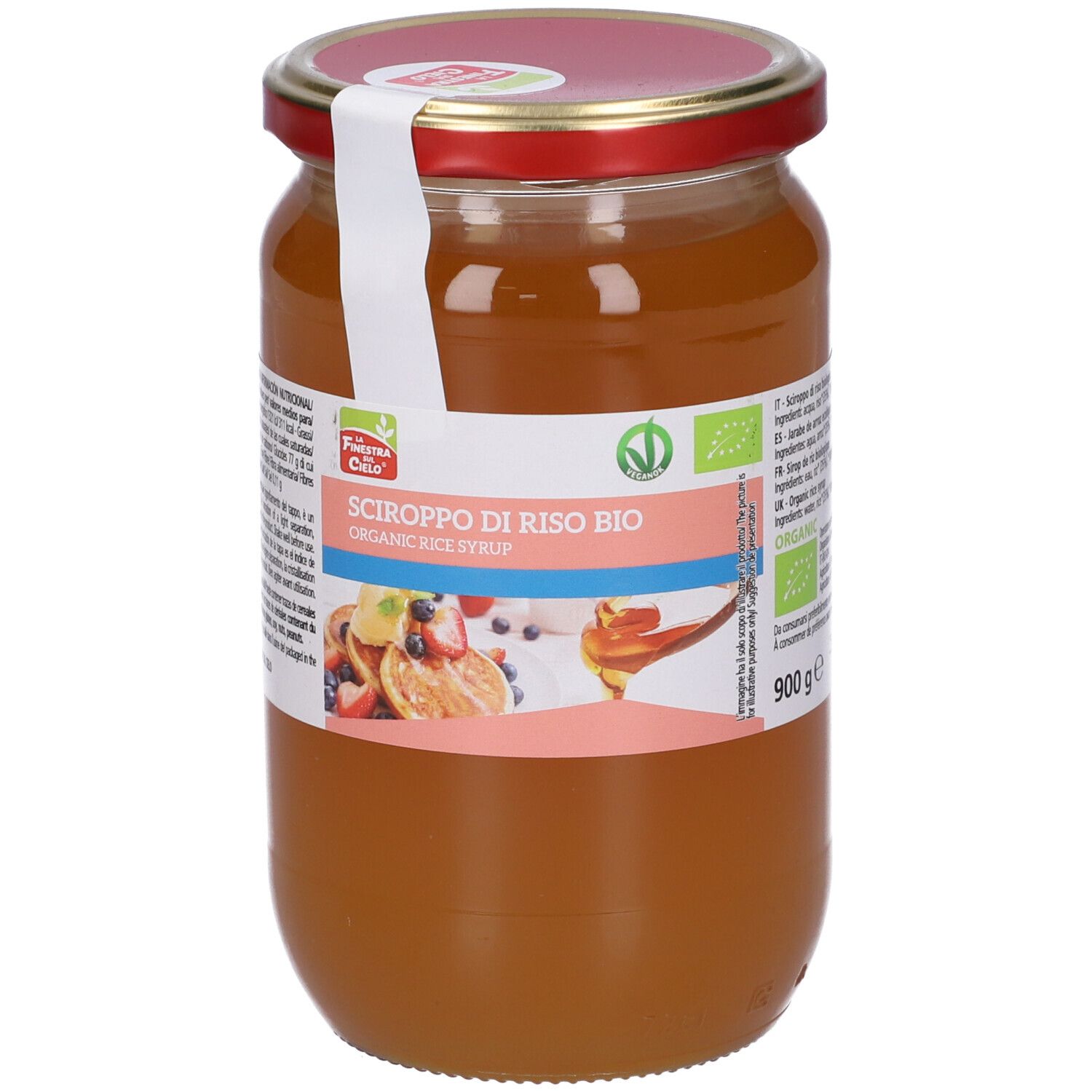 Barattolo sciroppo di riso bio. Coperchio rosso, etichetta con nome e 900g. Adesivo.