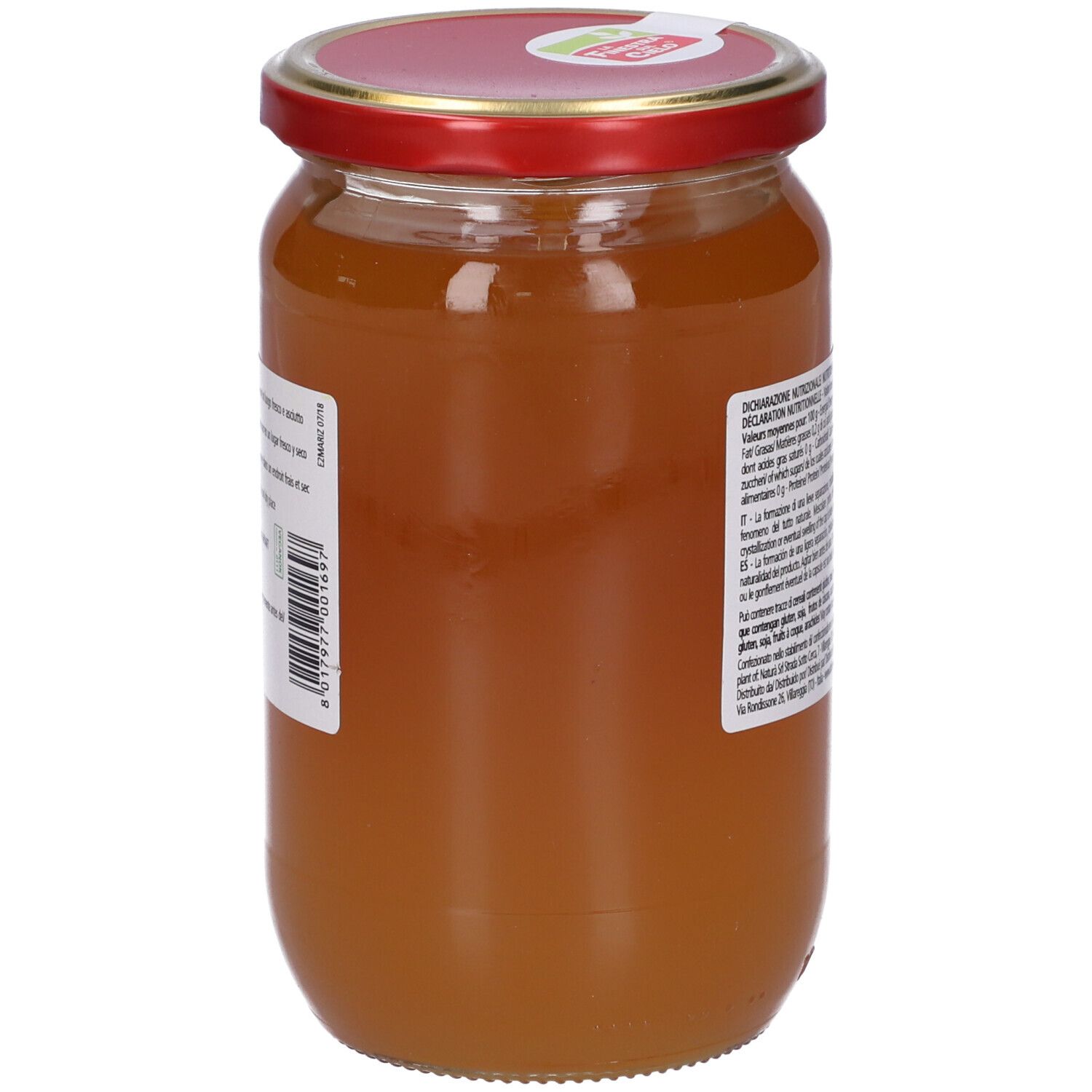 Barattolo sciroppo di riso bio. Retro con testo. Coperchio rosso. Etichetta con codice a barre.
