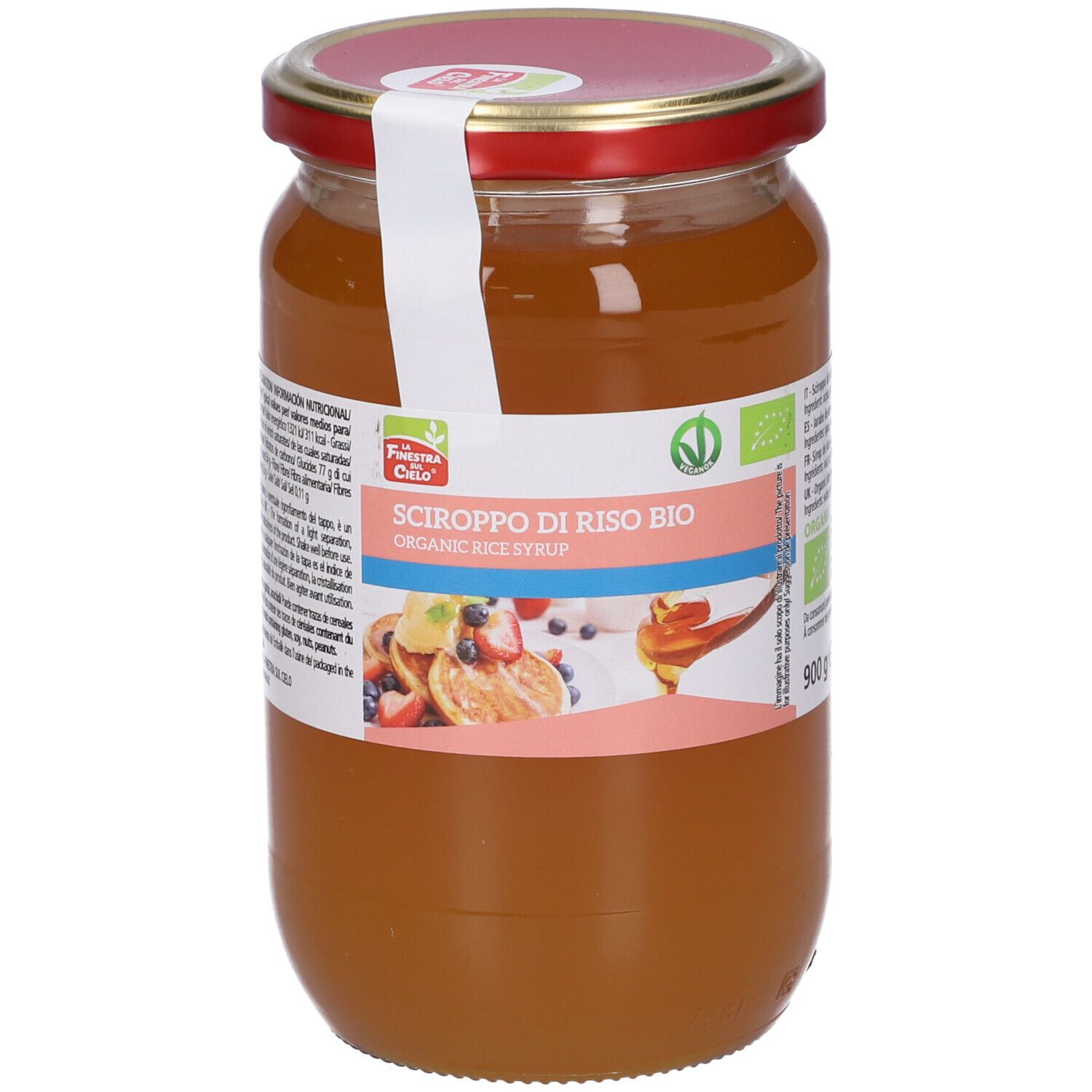 Barattolo sciroppo di riso bio. Coperchio rosso, etichetta con nome e immagine pancake.