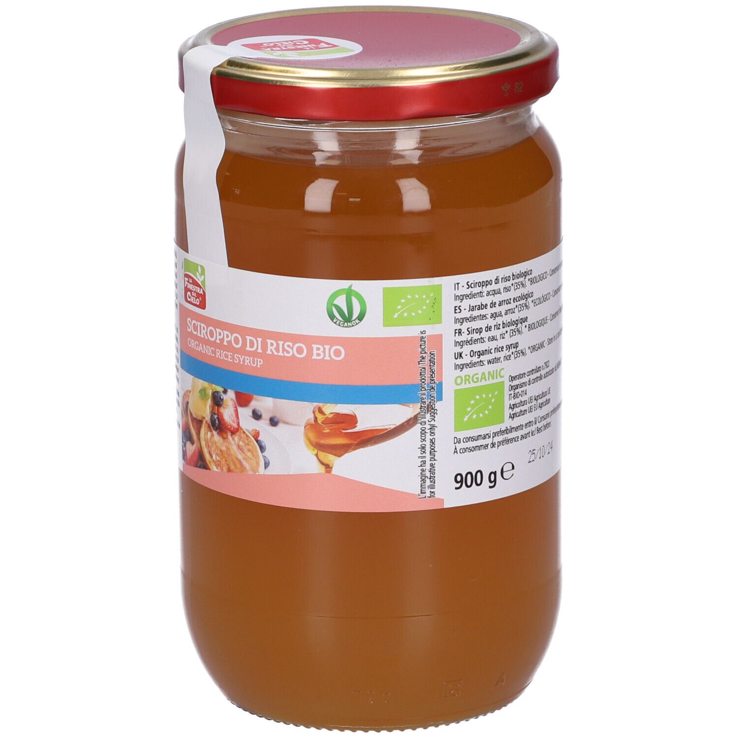 Barattolo sciroppo di riso bio. Coperchio rosso, etichetta con nome, 900g e testo multilingue.