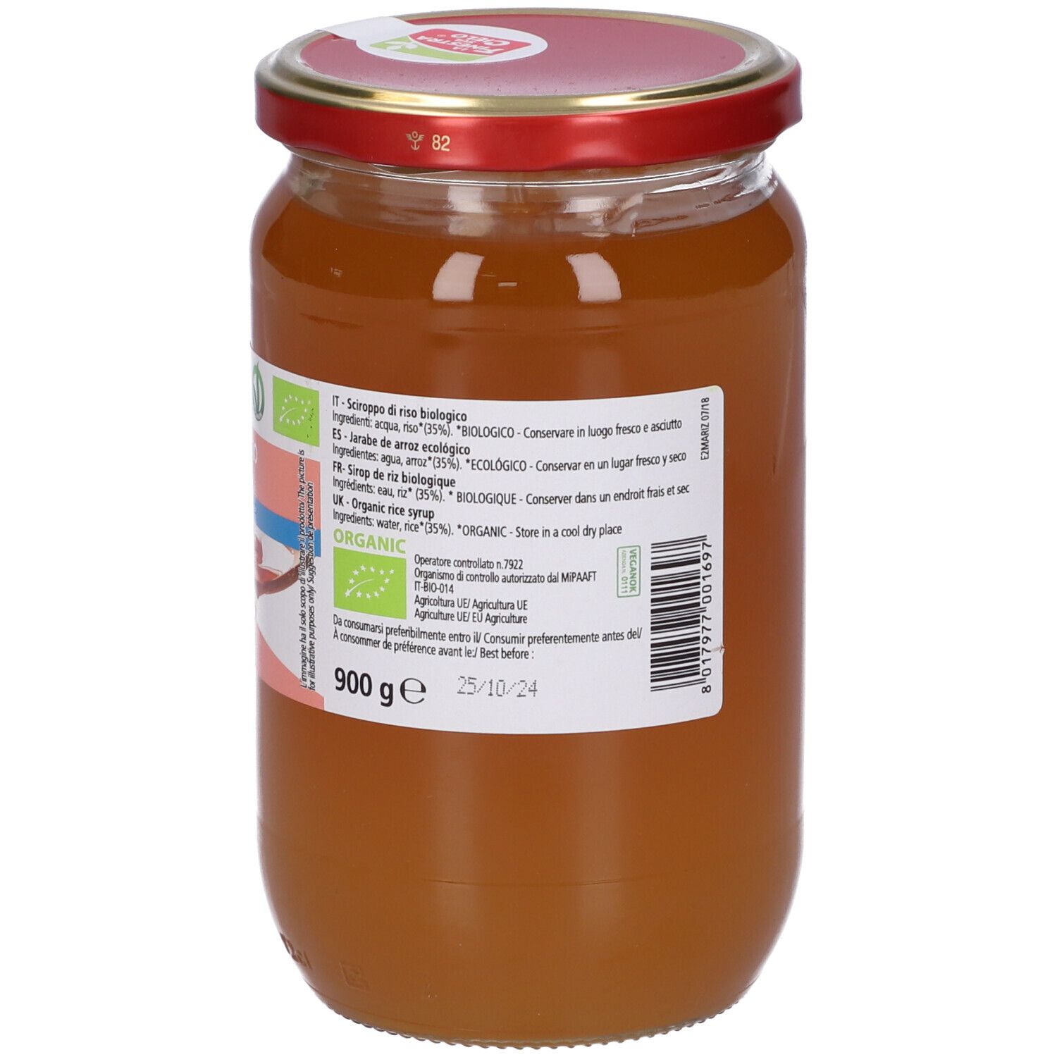 Barattolo sciroppo di riso bio. Retro con testo, 900g e data scadenza. Adesivo.