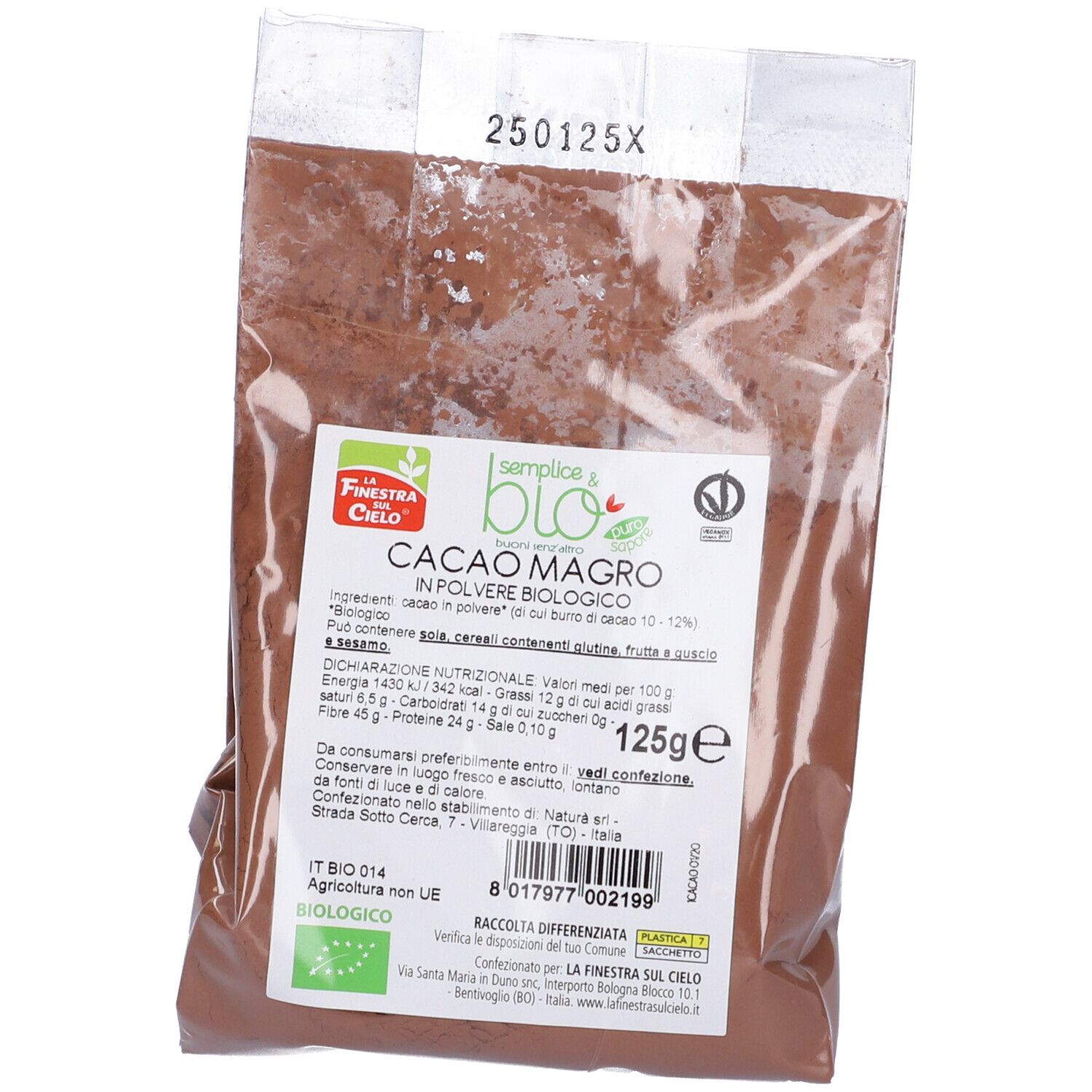 Confezione di Cacao Magro in polvere. Sigillo bio, 125g. Imballaggio trasparente con informazioni sul prodotto e certificazioni.