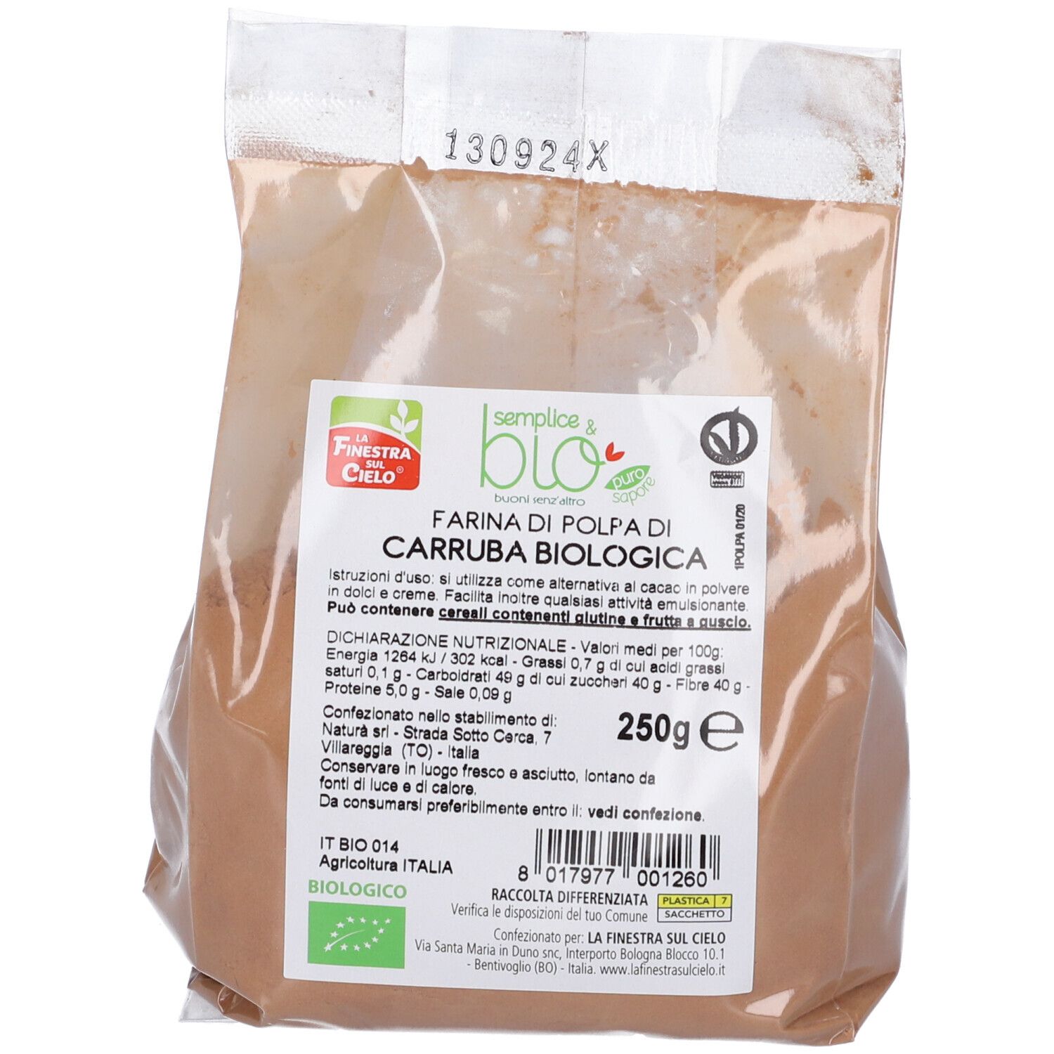 Confezione di Carruba Polp Bio Far Sempl&Bio. Scritte: Farina di Polpa di Carruba Biologica, marchio bio, 250g.