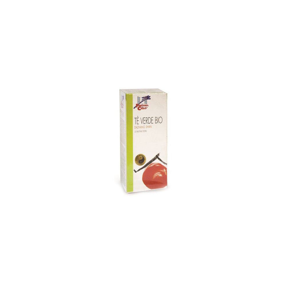 Scatola di "Té Verde Bio". Confezione di tè verde con cerchio rosso e testo. Sigillo biologico.