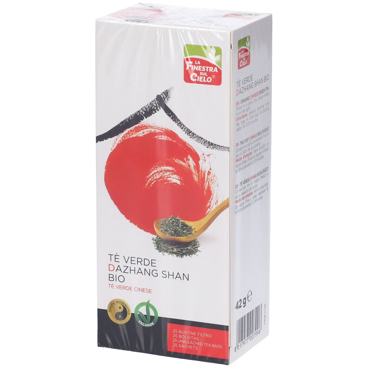 Confezione "Té Verde Dazhang Shan Bio". Tè verde con cucchiaio di legno e tè. Sigillo bio.