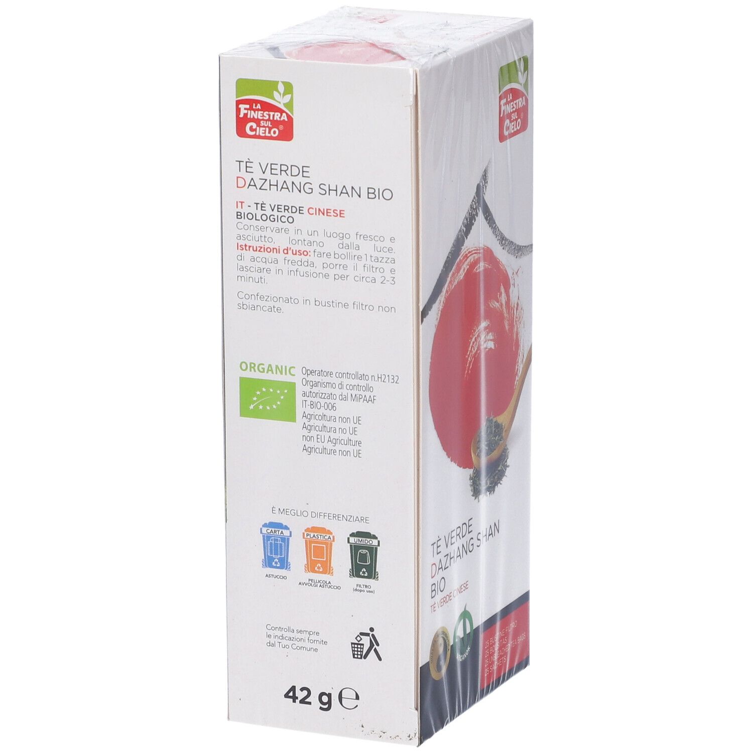 Confezione "Té Verde Dazhang Shan Bio". Retro con testo e sigillo bio. 42g.