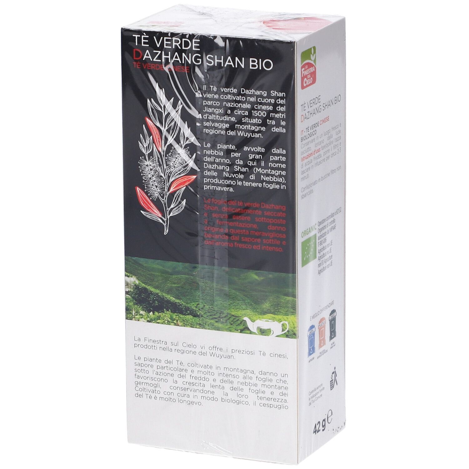 Confezione "Té Verde Dazhang Shan Bio". Lato con testo e sigillo bio. 42g.