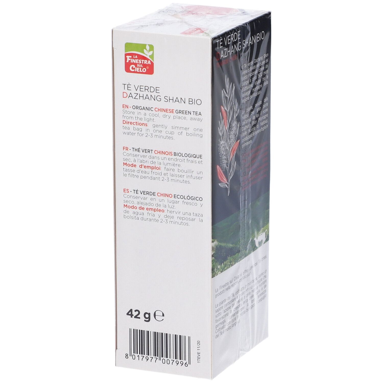 Confezione "Té Verde Dazhang Shan Bio". Lato con testo e sigillo bio. 42g.