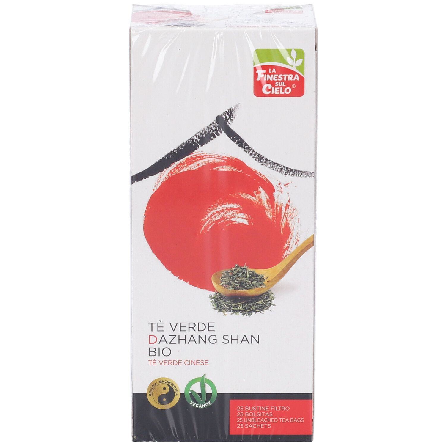 Confezione "Té Verde Dazhang Shan Bio". Tè verde con cucchiaio di legno e tè. Sigillo bio.