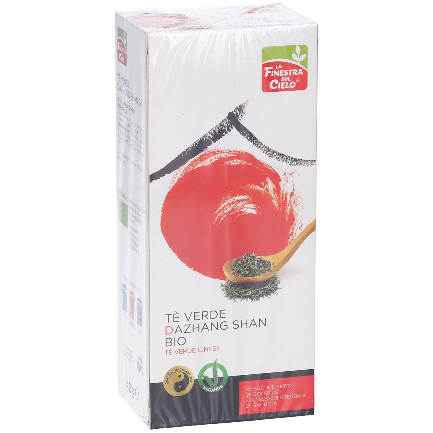 Confezione "Té Verde Dazhang Shan Bio". Tè verde con cucchiaio di legno e tè. Sigillo bio.