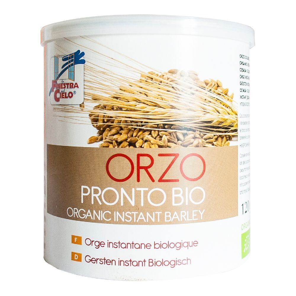 Barattolo di Orzo Pronto Bio. Scritta: Organic Instant Barley. Logo: La Finestra sul Cielo. 120g.