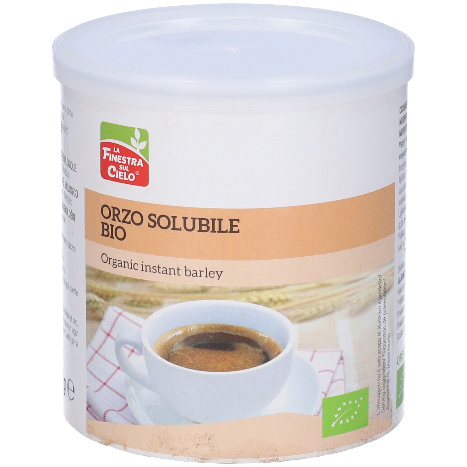 Contenitore bianco con Orzo Solubile Bio. Logo: La Finestra sul Cielo. Immagine: tazza di caffè. Marchio bio.