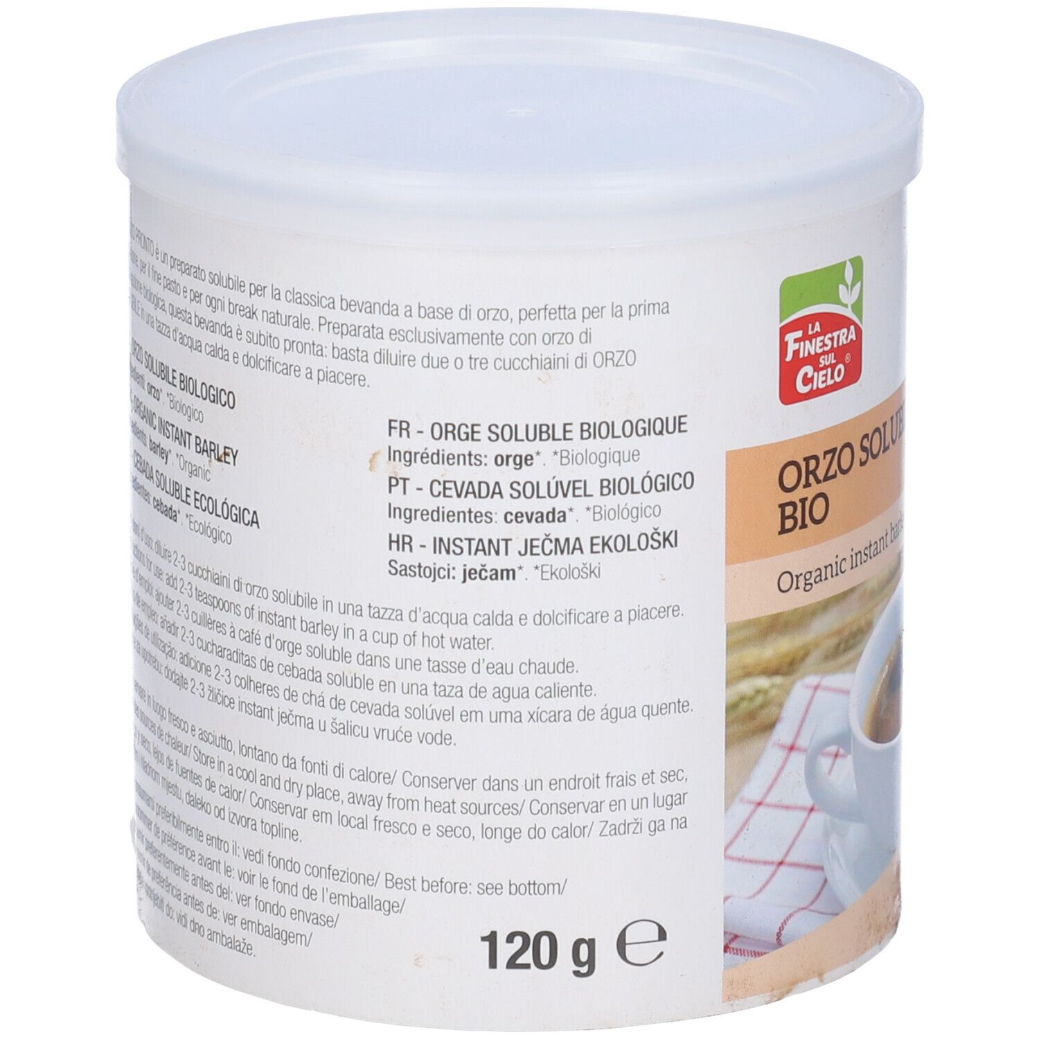 Retro del barattolo Orzo Solubile Bio. Testo multilingue. Logo: La Finestra sul Cielo. 120 g.