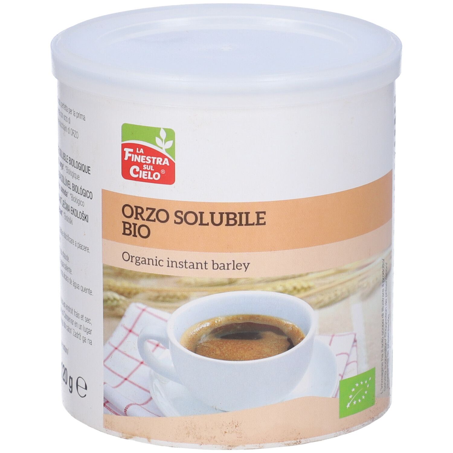 Contenitore bianco con Orzo Solubile Bio. Logo: La Finestra sul Cielo. Immagine: tazza di caffè. Marchio bio.