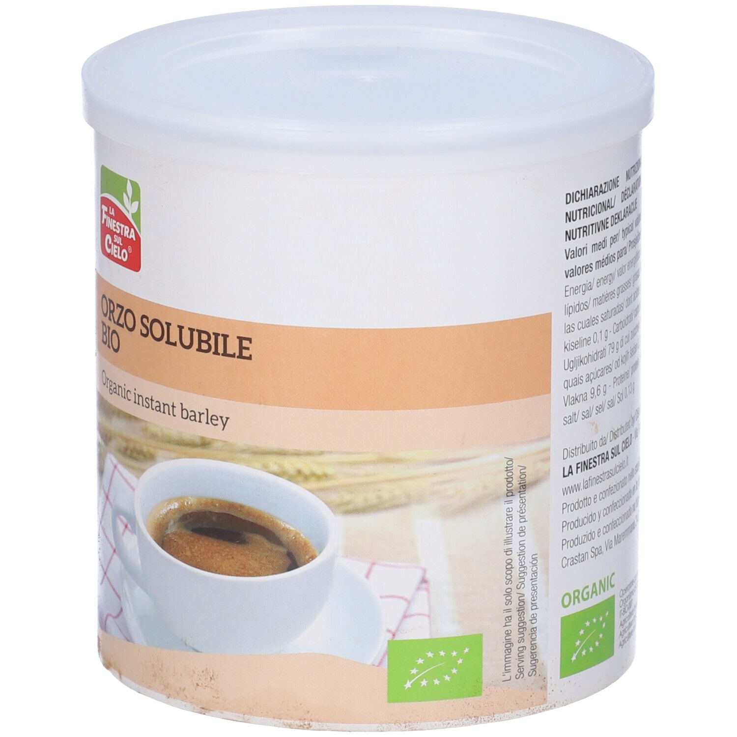 Contenitore bianco con Orzo Solubile Bio. Logo: La Finestra sul Cielo. Immagine: tazza di caffè. Marchio bio.
