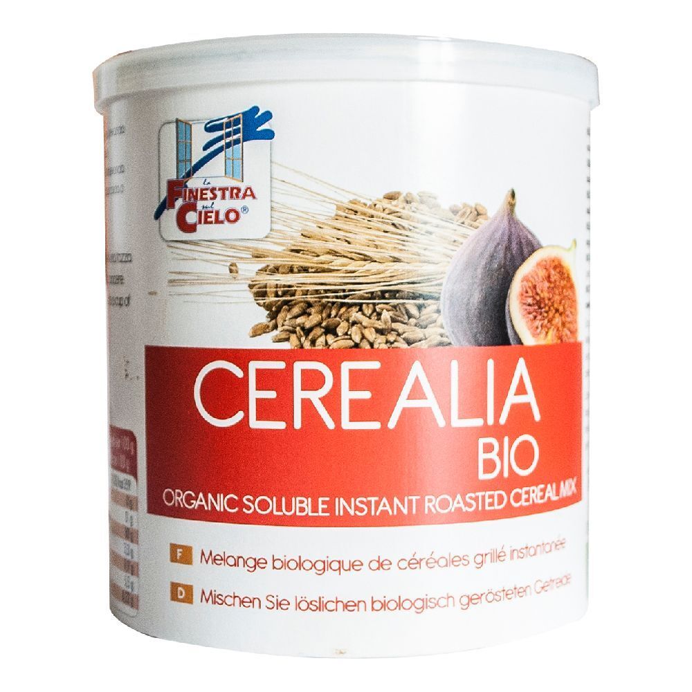 Contenitore bianco Cerealia Bio. Scritta: Organic Soluble Instant Roasted Cerealmix. Immagine di fico e cereali.