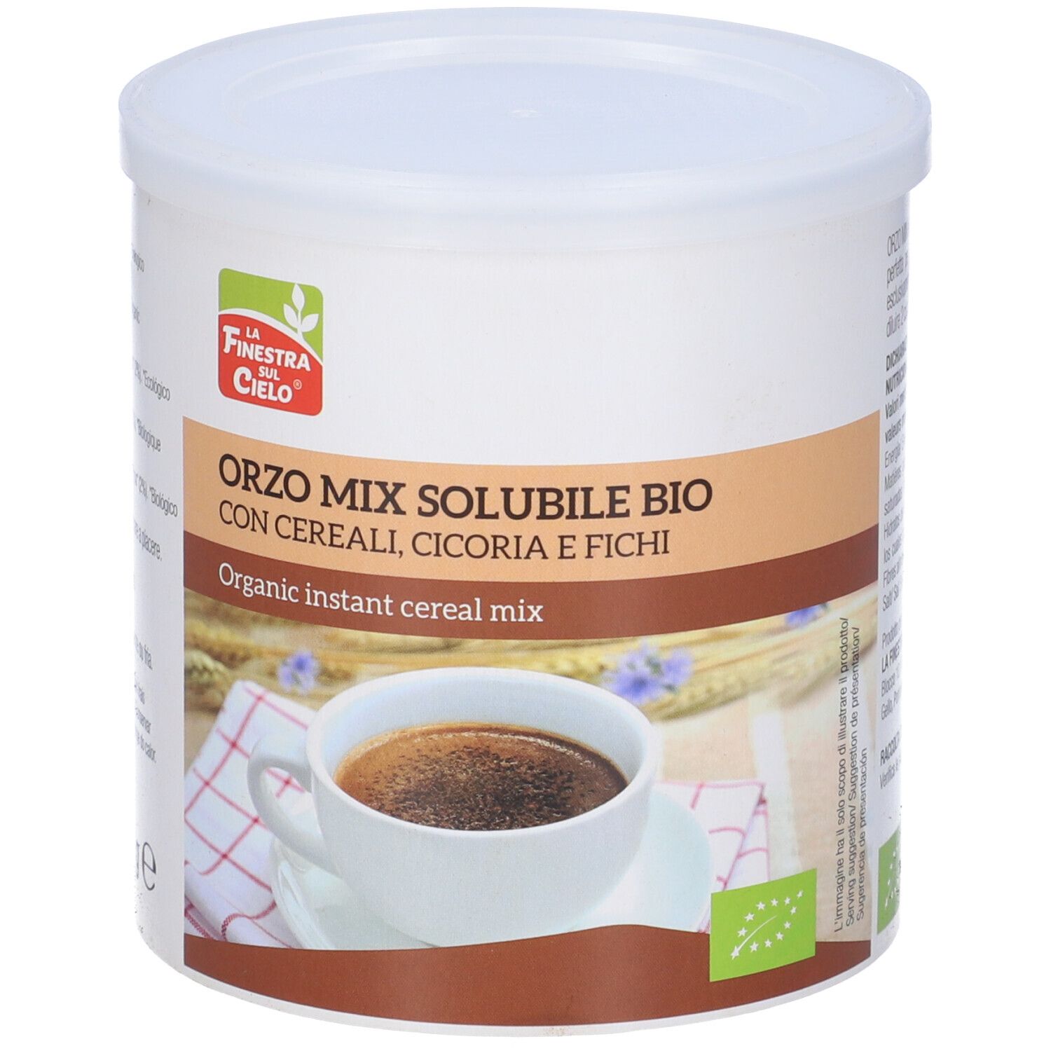 Contenitore bianco Orzo Mix Solubile Bio. Immagine di una tazza di caffè. Scritta: Organic instant cereal mix.