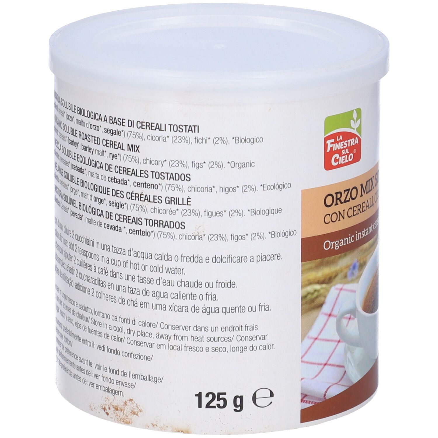 Retro del contenitore bianco Orzo Mix Solubile Bio. Testo con ingredienti e valori nutrizionali. 125 g.