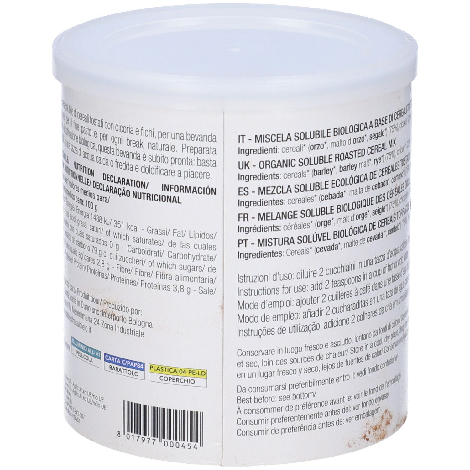 Retro del contenitore bianco Orzo Mix Solubile Bio. Testo con ingredienti e valori nutrizionali.