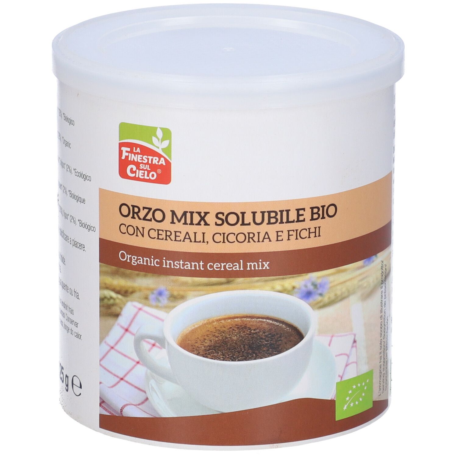 Contenitore bianco Orzo Mix Solubile Bio. Immagine di una tazza di caffè. Scritta: Organic instant cereal mix.