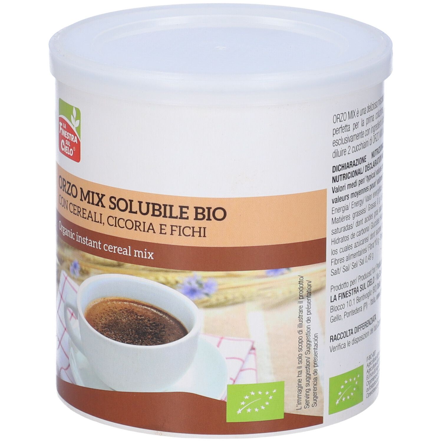 Contenitore bianco Orzo Mix Solubile Bio. Immagine di una tazza di caffè. Scritta: Organic instant cereal mix.
