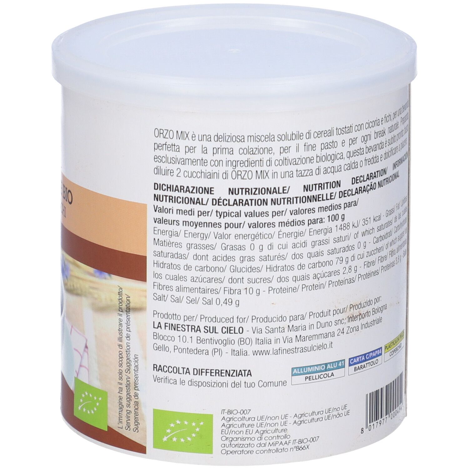 Retro del contenitore bianco Orzo Mix Solubile Bio. Testo con valori nutrizionali e informazioni produttore.
