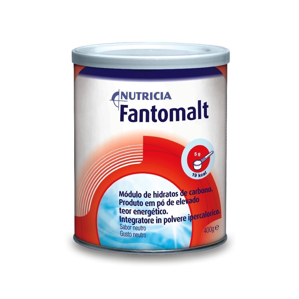 Barattolo NUTRICIA Fantomalt. Sfondo rosso e bianco. Contiene carboidrati. 400g. Gusto neutro.