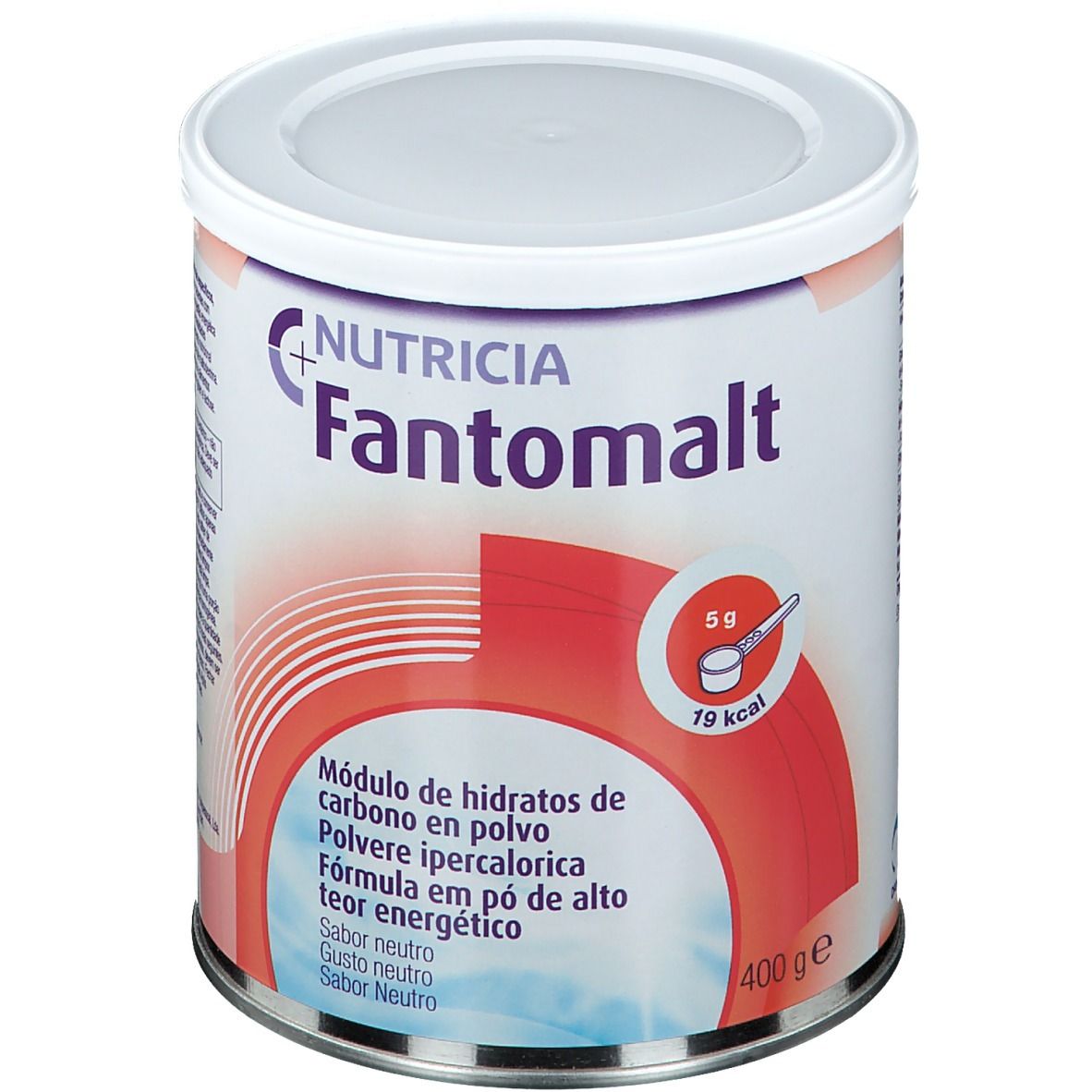 Barattolo NUTRICIA Fantomalt. Coperchio bianco. Sfondo rosso. Contiene carboidrati. 400g.