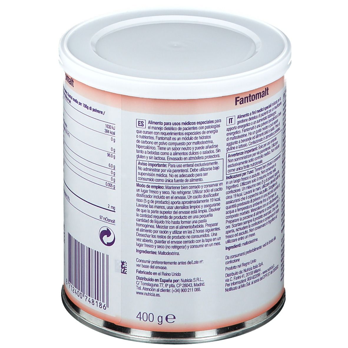 Retro del barattolo NUTRICIA Fantomalt. Testo multilingue. 400g. Logo Danone. Codice a barre.