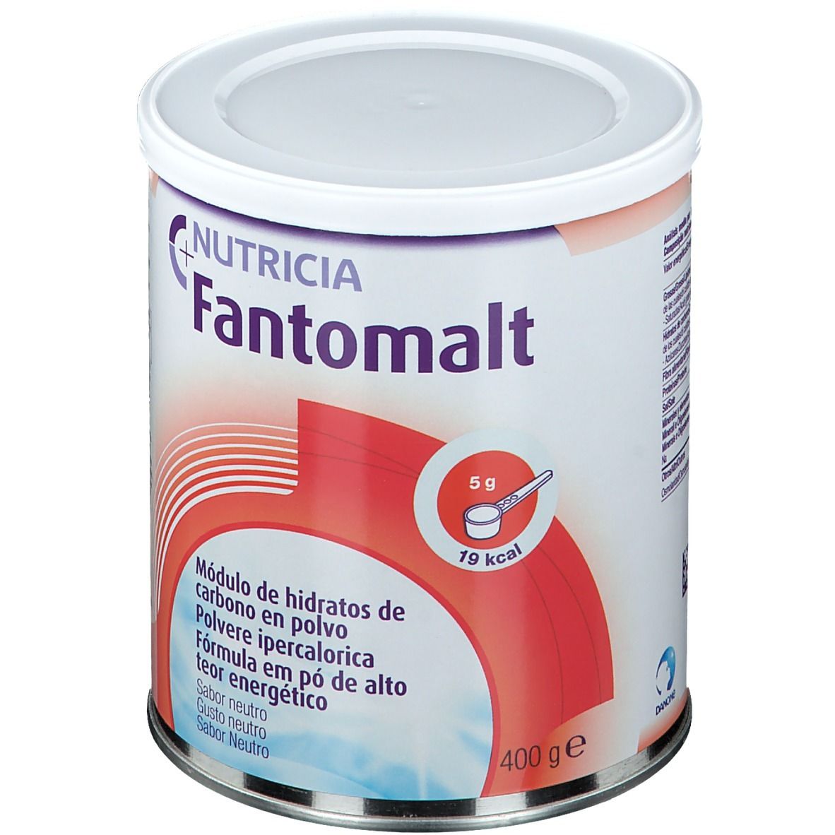 Barattolo NUTRICIA Fantomalt. Coperchio bianco. Sfondo rosso. Contiene carboidrati. 400g.