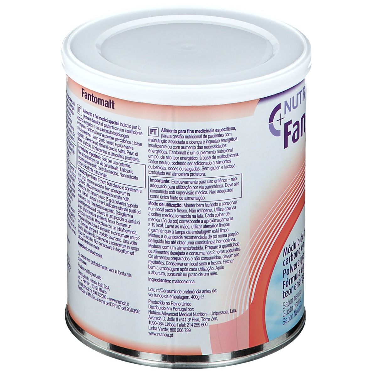 Retro del barattolo NUTRICIA Fantomalt. Testo multilingue. 400g. Logo Danone. Codice a barre.