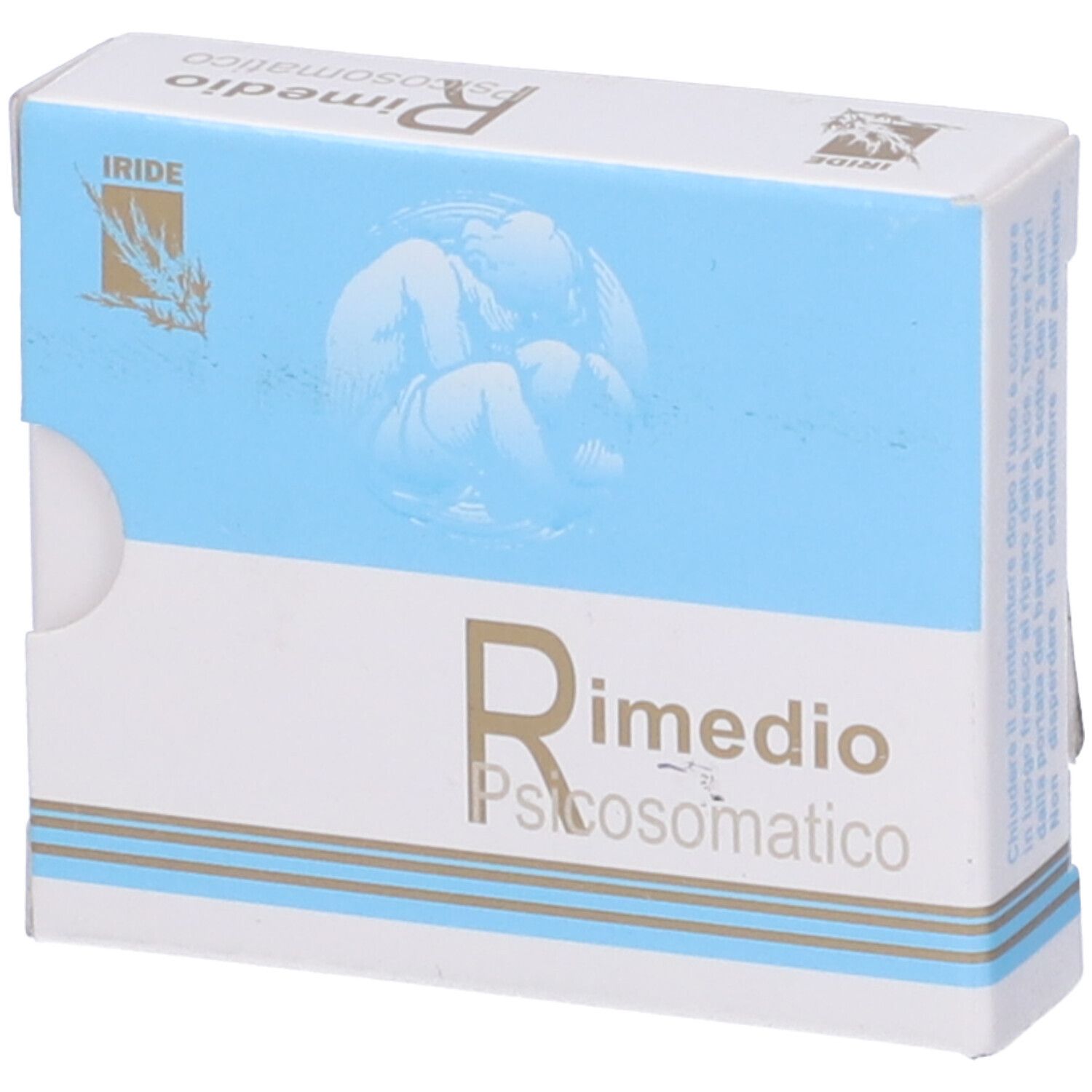 Scatola del prodotto. Confezione blu e bianca. Testo: Rimedio Psicosomatico.