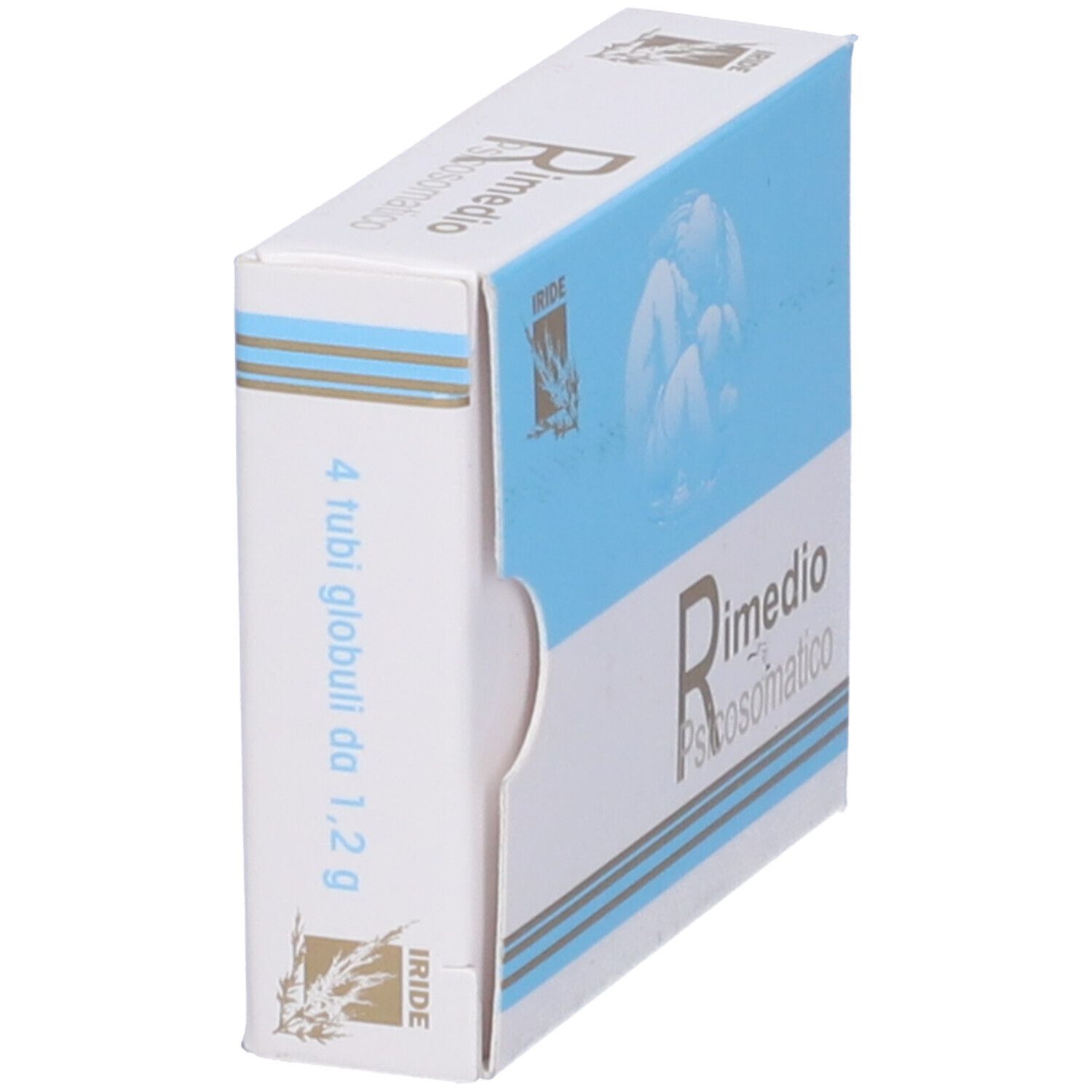 Confezione del prodotto. Scatola blu e bianca. Testo: 4 tubi globuli da 1,2 g. Marchio: IRIDE.