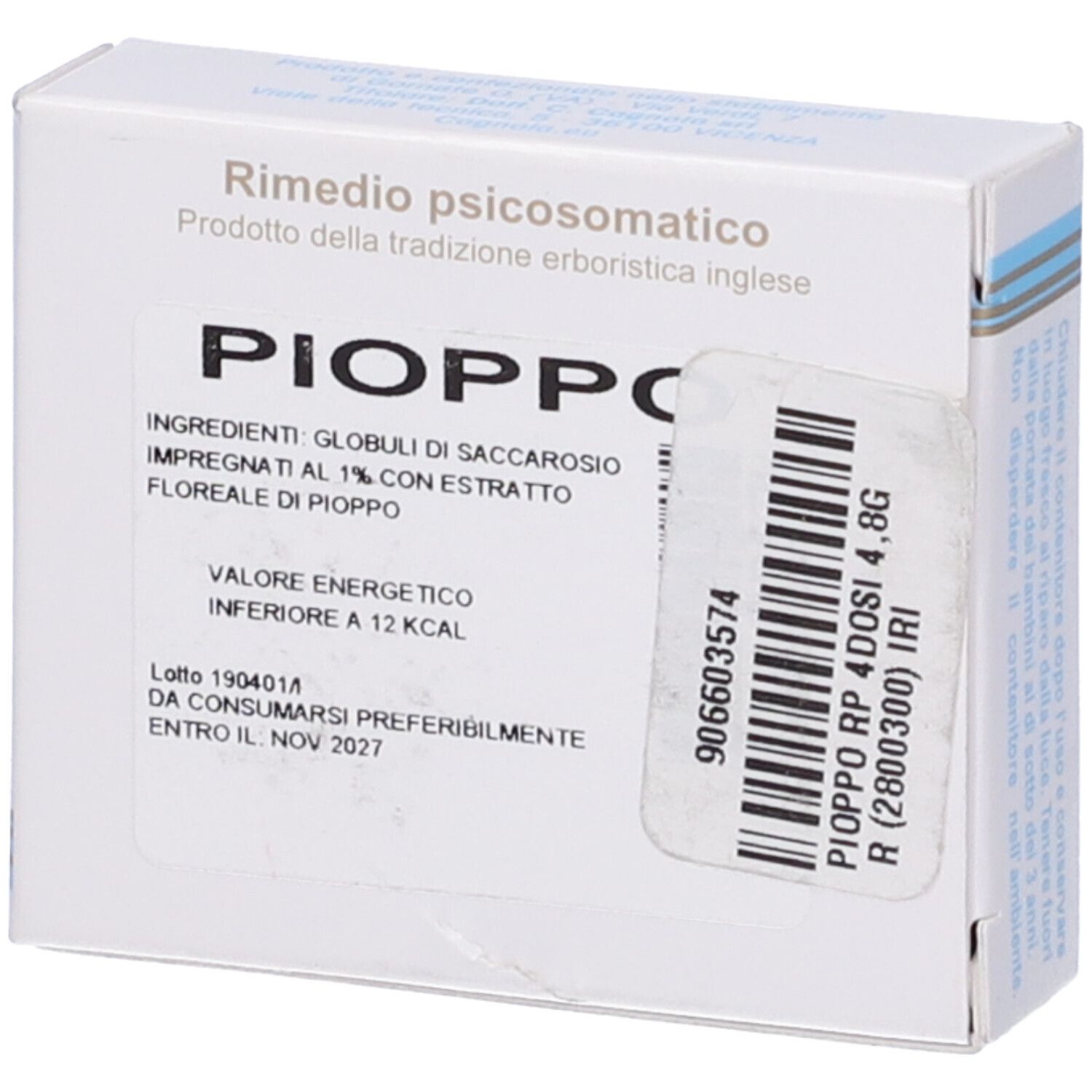 Confezione del prodotto. Scatola bianca con testo e codice a barre. Testo: PIOPPO, 4 dosi 4,8g. Marchio: IRI.