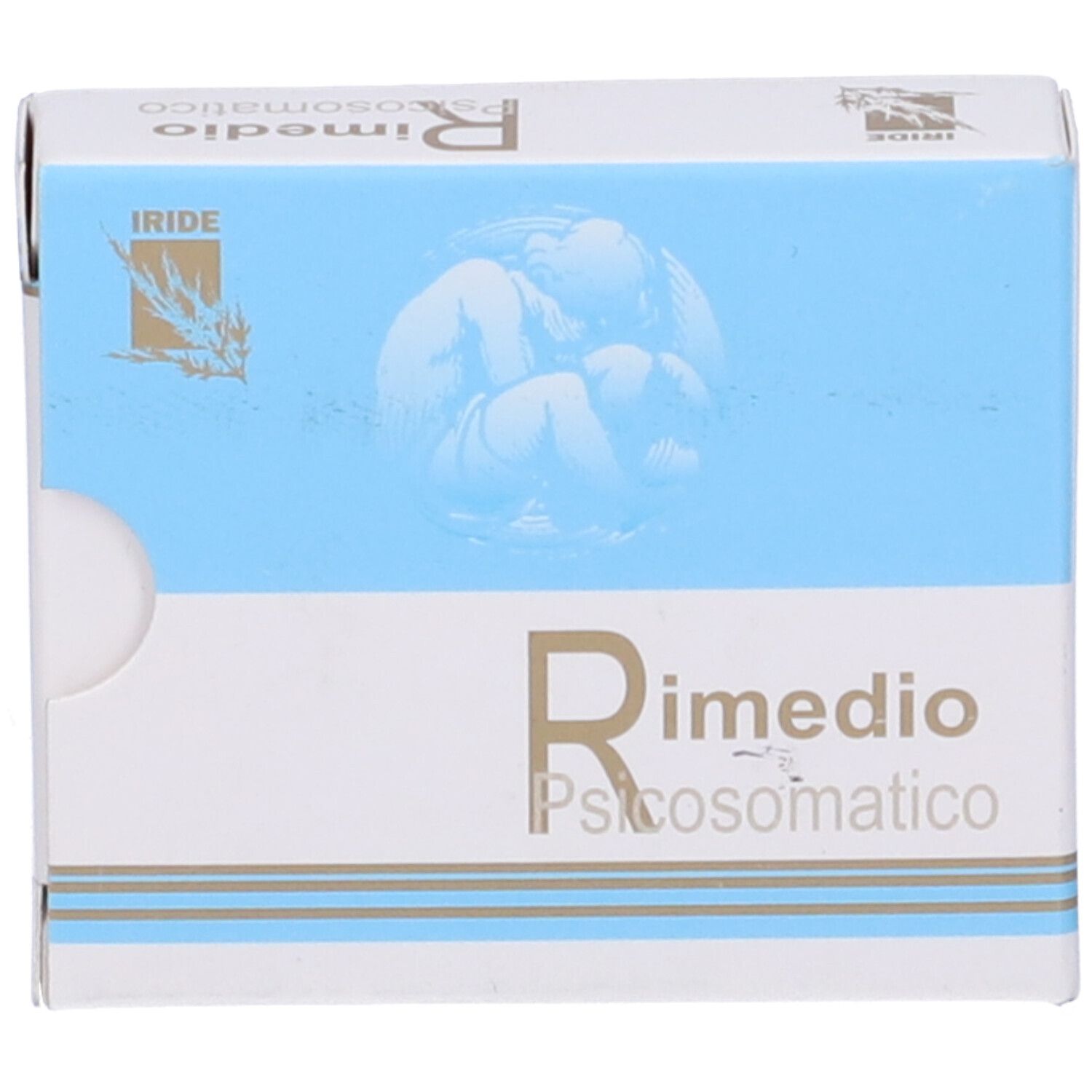 Confezione del prodotto. Scatola blu e bianca. Testo: Rimedio Psicosomatico. Marchio: IRIDE.