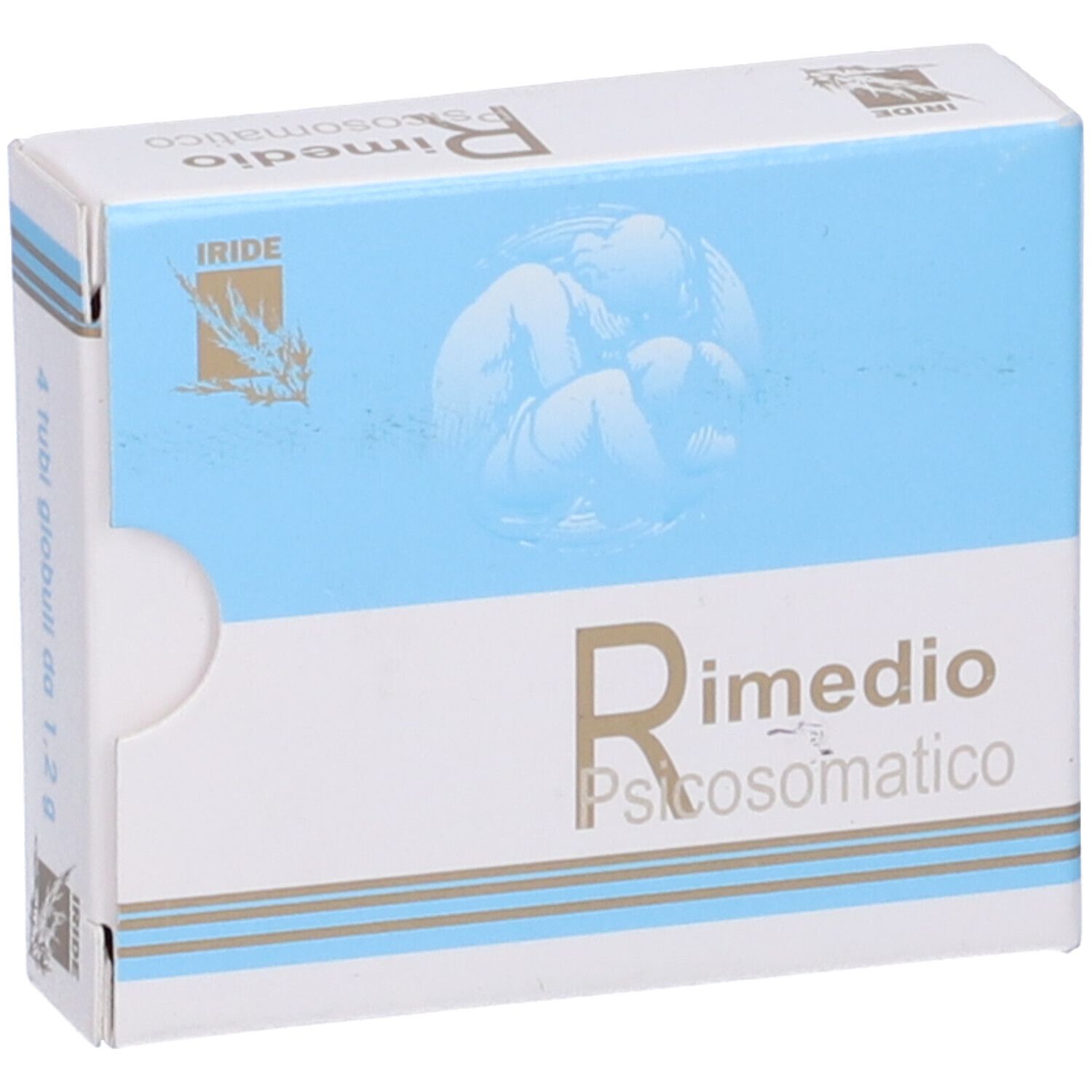 Confezione del prodotto. Scatola blu e bianca. Testo: Rimedio Psicosomatico. 4 tubi globuli da 1,2 g.