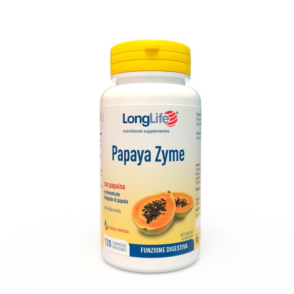 Flacone bianco con tappo giallo. Scritta: LongLife Papaya Zyme, 120 compresse. Illustrazione di metà papaya.
