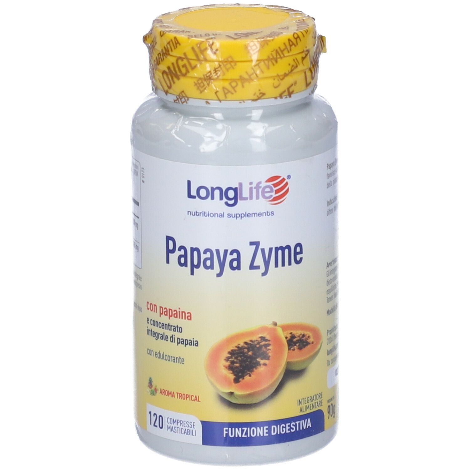 Flacone bianco con tappo giallo e sigillo. Scritta: LongLife Papaya Zyme, 120 compresse. Illustrazione di metà papaya.