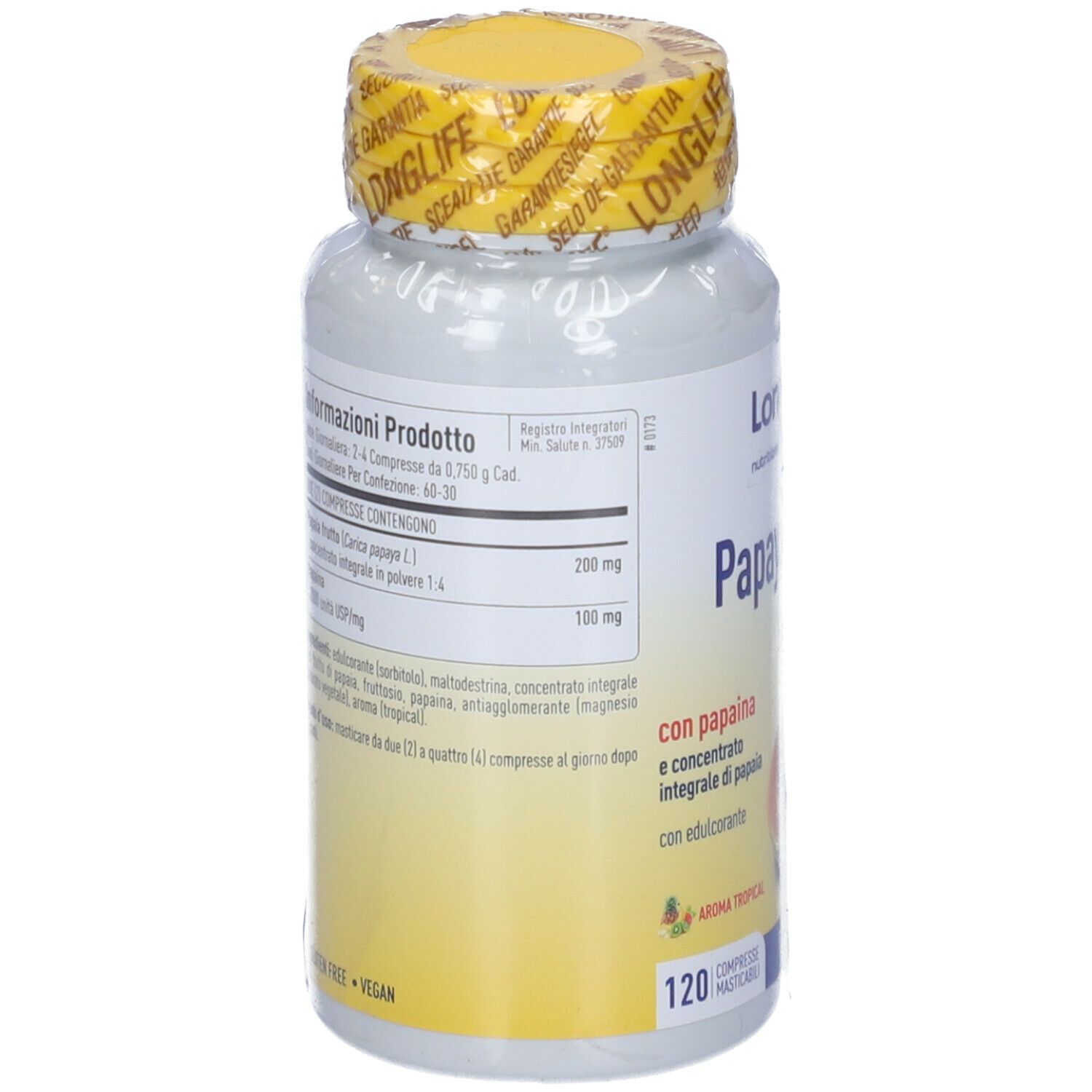 Retro del flacone con tappo giallo e sigillo. Informazioni testuali e ingredienti. Scritta: LongLife Papaya Zyme.