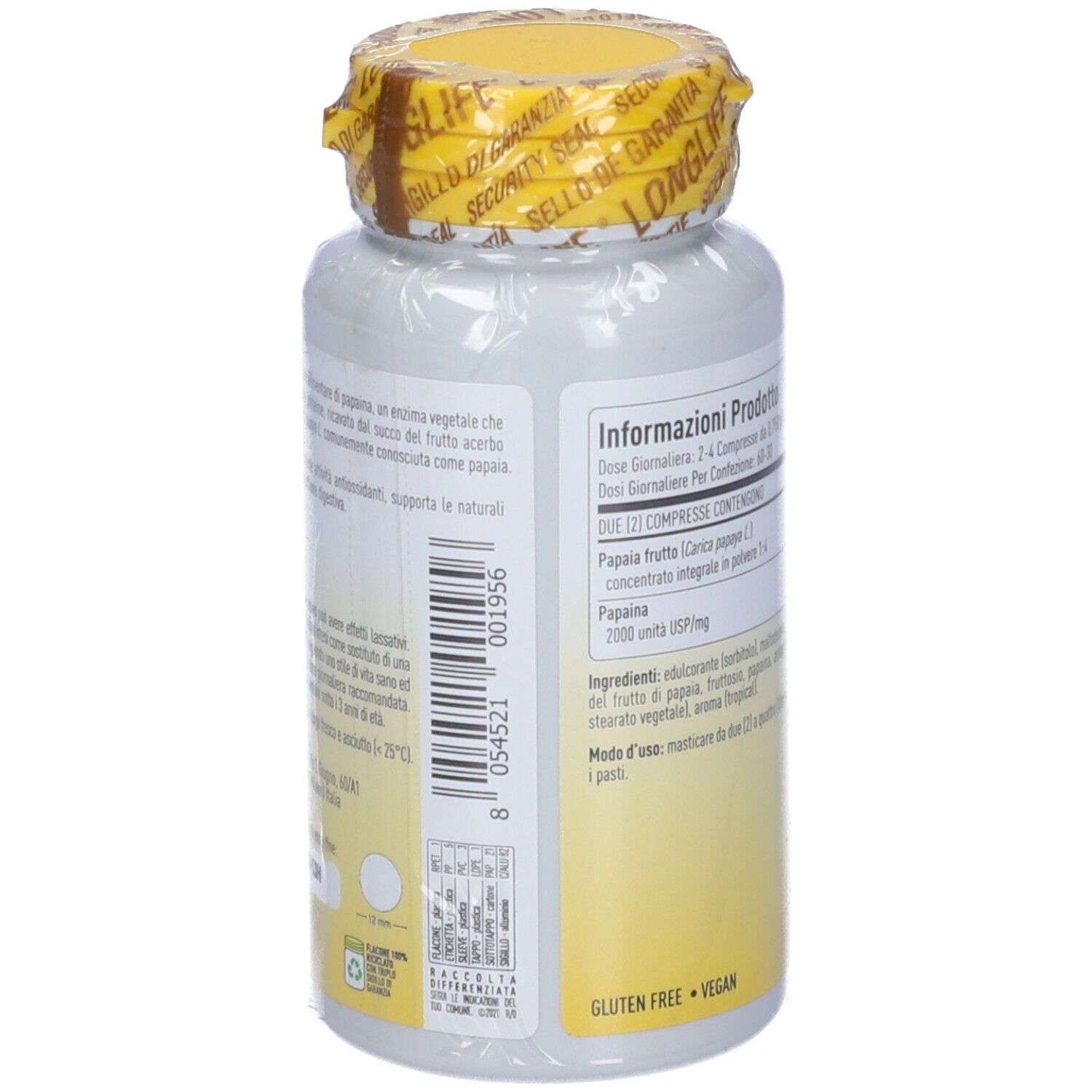 Retro del flacone con tappo giallo e sigillo. Informazioni testuali e ingredienti. Scritta: LongLife Papaya Zyme.
