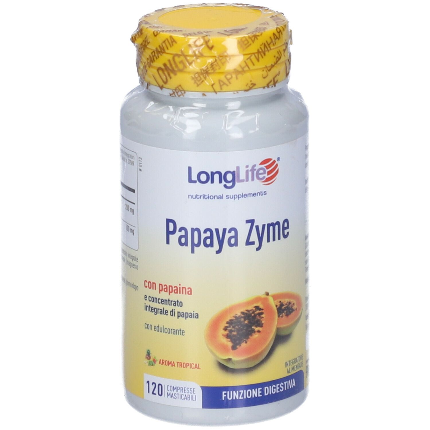 Flacone bianco con tappo giallo e sigillo. Scritta: LongLife Papaya Zyme, 120 compresse. Illustrazione di metà papaya.