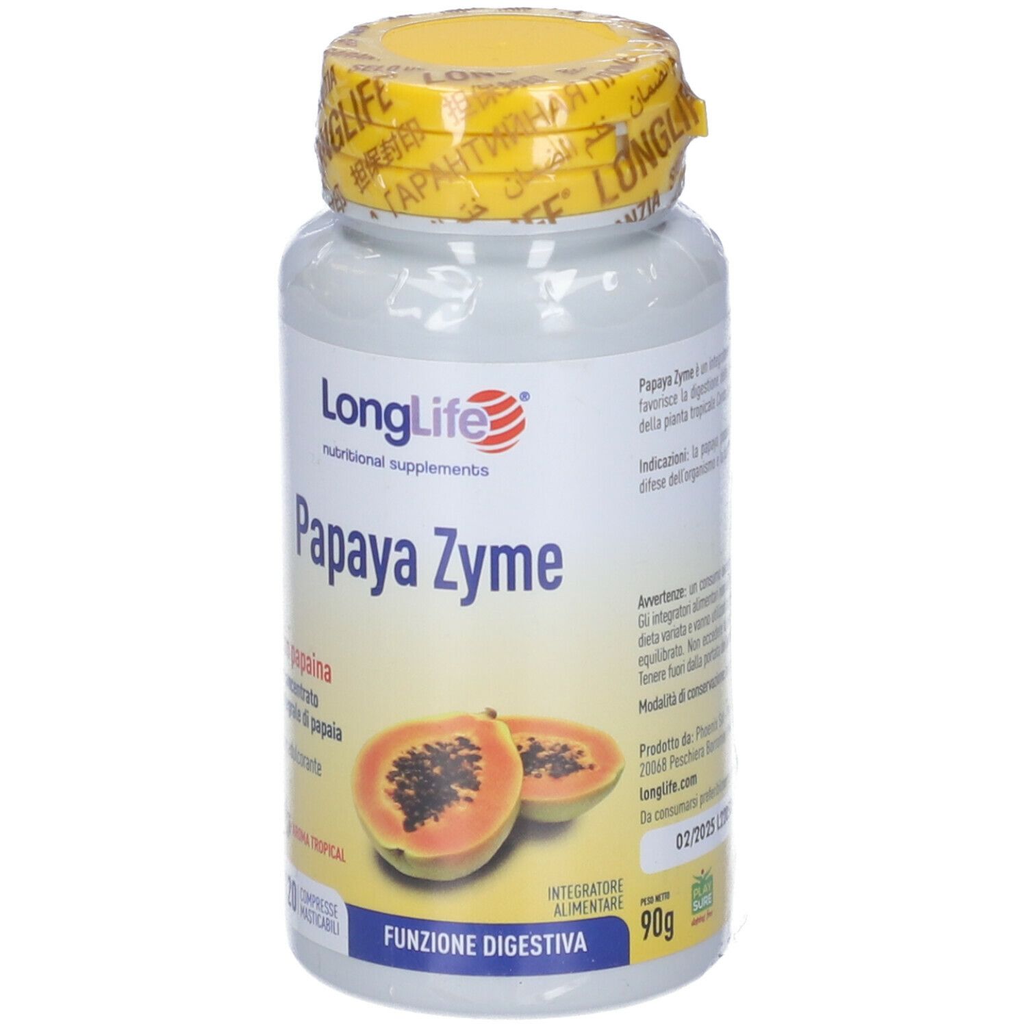 Flacone bianco con tappo giallo e sigillo. Scritta: LongLife Papaya Zyme, 90g. Illustrazione di metà papaya.